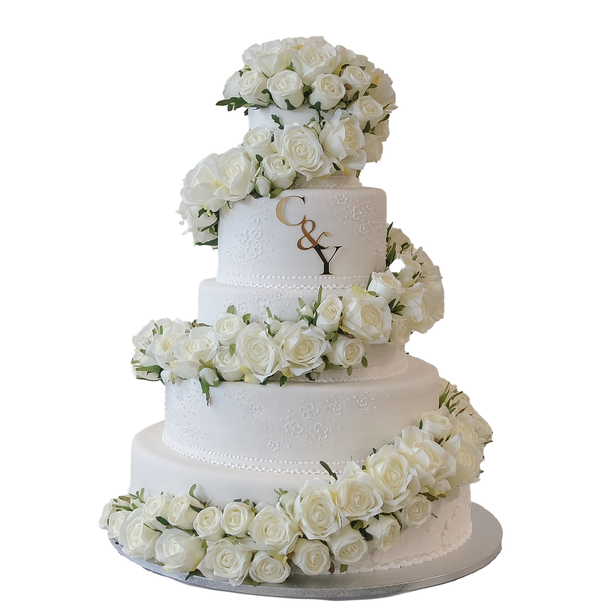 5 Etagen Hochzeitstorte weiß mit Rosenranke und Bordüre