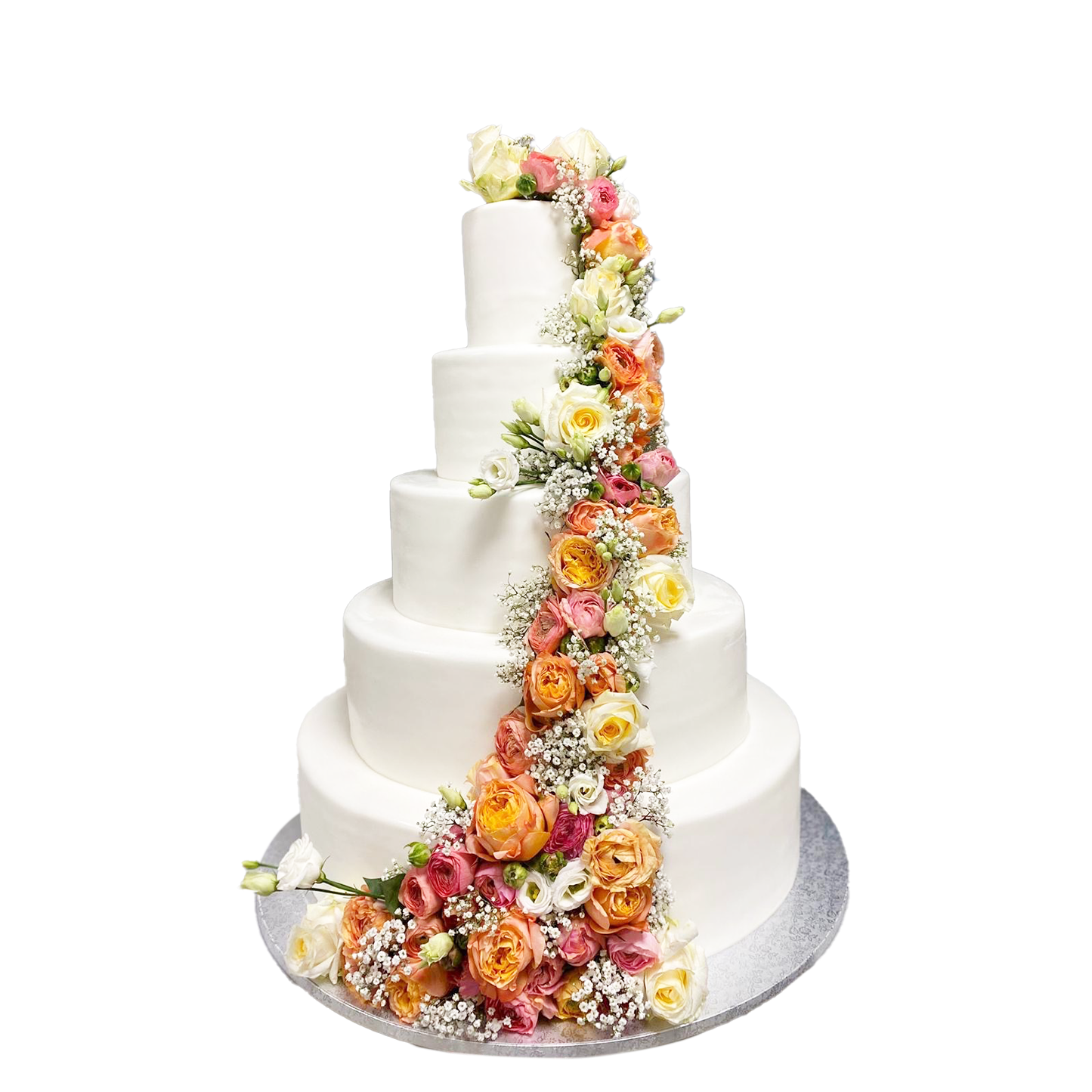 5 Etagen Hochzeitstorte weiß mit bunter Blumenranke