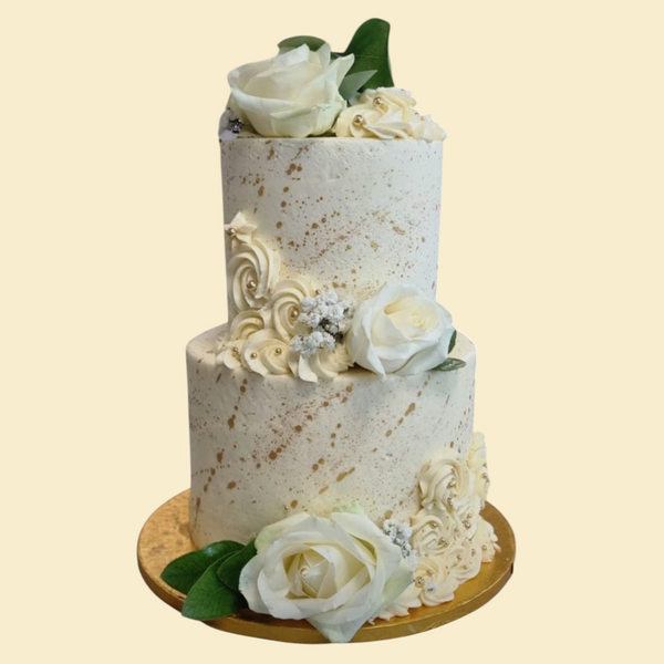 Zweistöckige Buttercreme-Torte White Rose Elegance