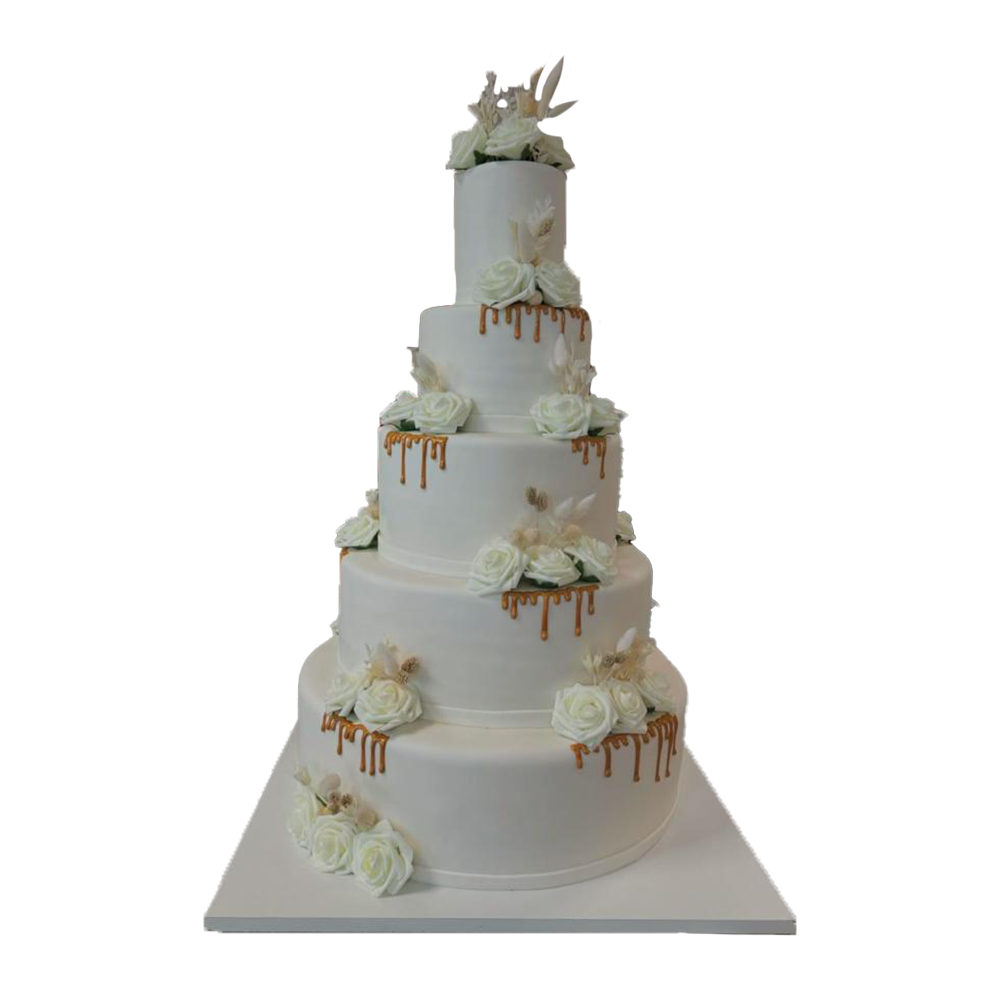 5 stöckige Fondant Hochzeitstorte mit Drip, Getreide und weißen Rosen
