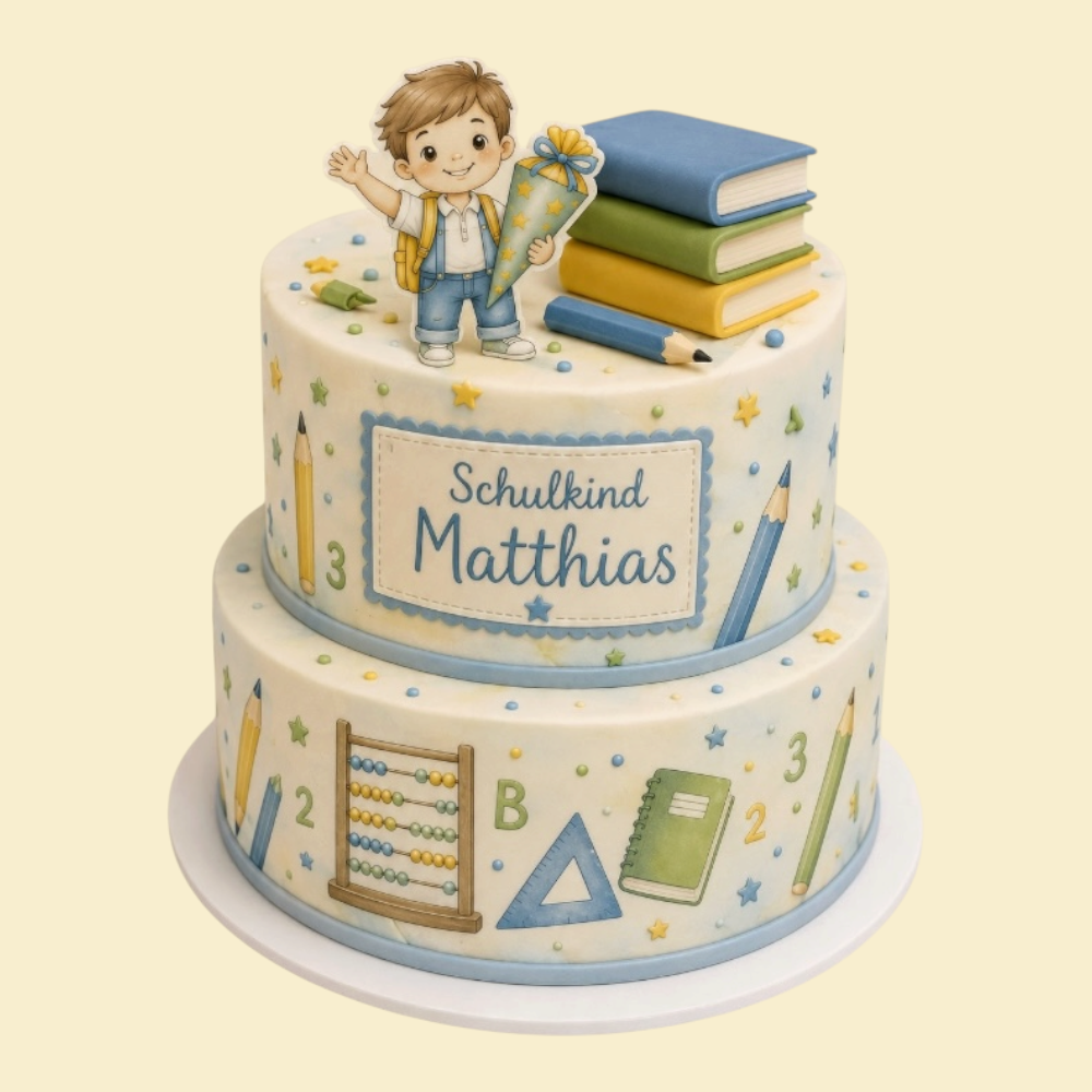 * Premium-Einschulungstorte „ABC-Schulkind“ – Komplett bedruckte Fondanttorte (Junge)