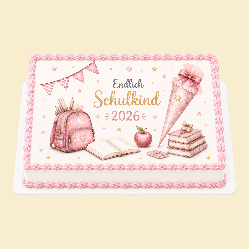 Einschulungstorte „Endlich Schulkind“ –  mit Druckmotiv (Rosa)