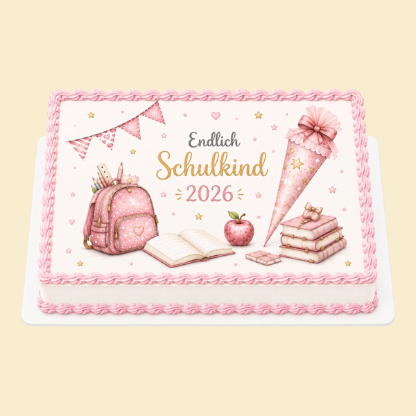 Einschulungstorte „Endlich Schulkind“ –  mit Druckmotiv (Rosa)