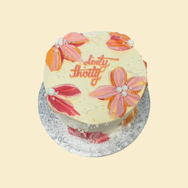 Geburtstagstorte „Dirty Thirty“ mit Blumen in Pink & Orange