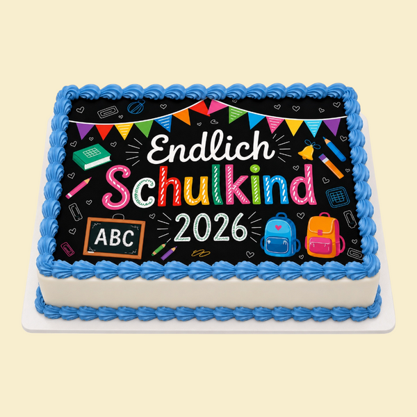 Rechteckige Einschulungstorte - „Endlich Schulkind“ mit essbarem Druck (Blau)