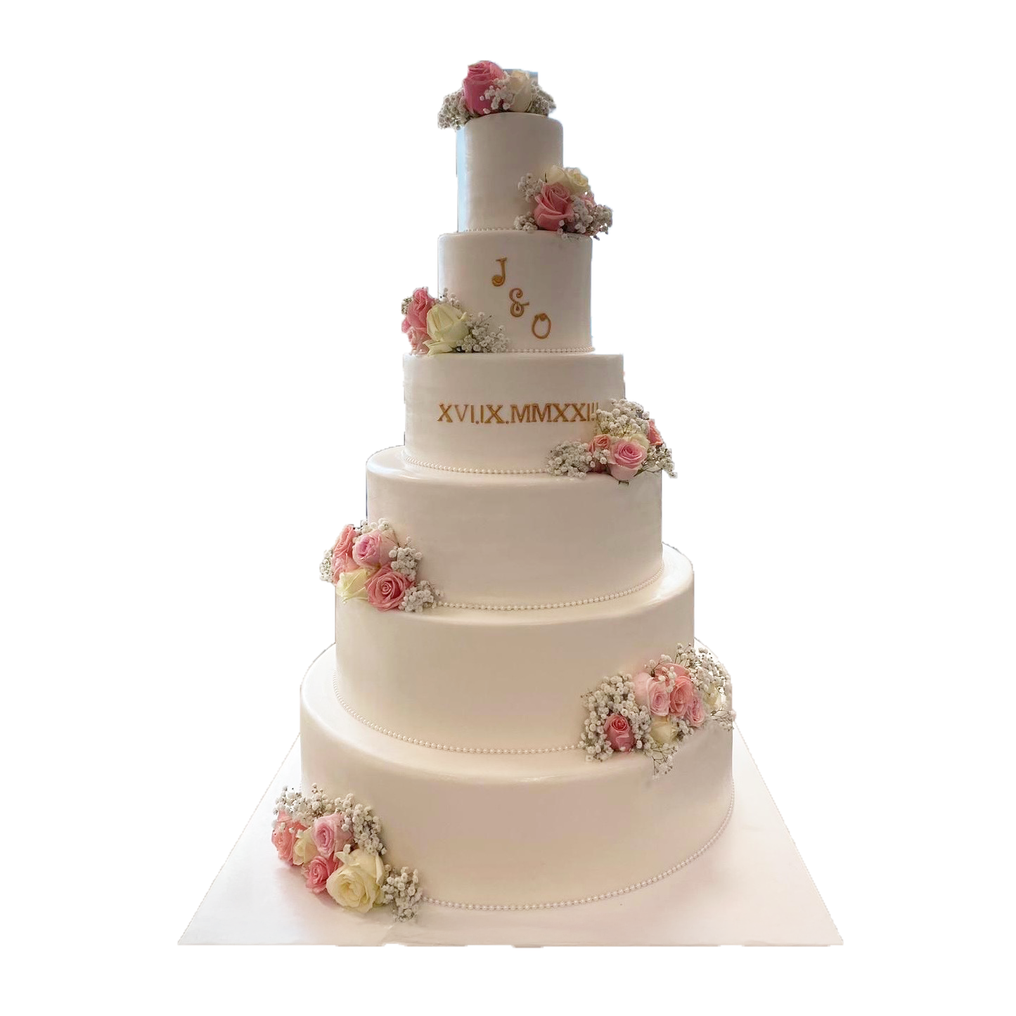 6 Etagen Hochzeitstorte weiß mit römischen Ziffern Perlenkette und rosa Rosen