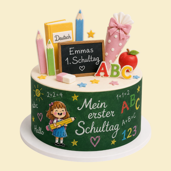Runde Fondant-Einschulungstorte – „Kreidetafel“ mit Randdruck