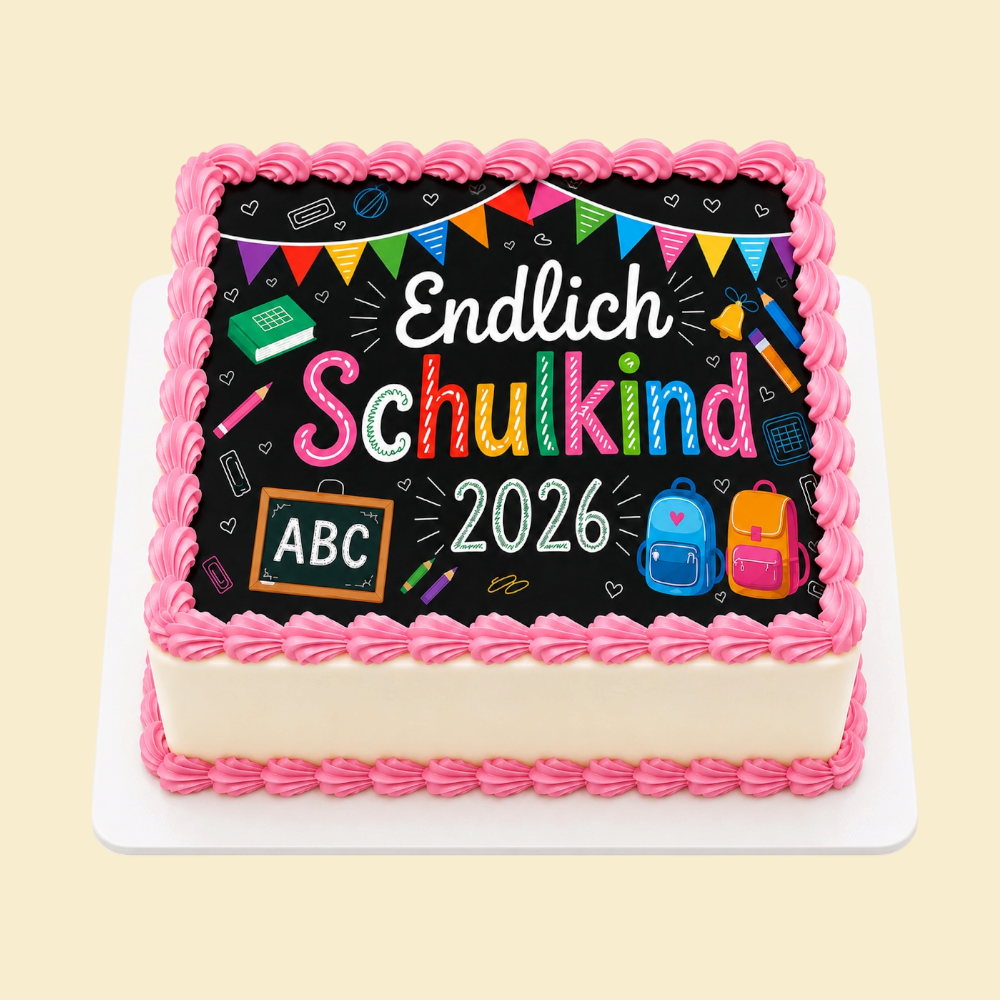 Quadratische Bunte Einschulungstorte „Endlich Schulkind 2026“  mit essbarem Tortenaufleger ( Rosa)