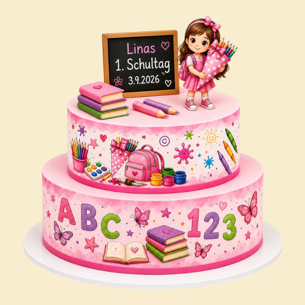 Schulstart Deluxe – Zwei-Etagen-Einschulungstorte mit Druckmotiven (Rosa)
