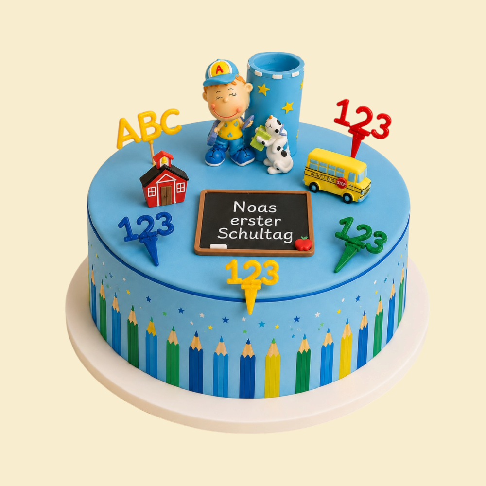 Einschulungstorte Jungs - Schuljunge, Zahlen & ABC (Blau)