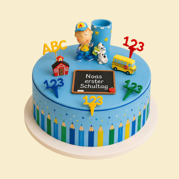 Einschulungstorte Jungs - Schuljunge, Zahlen & ABC (Blau)