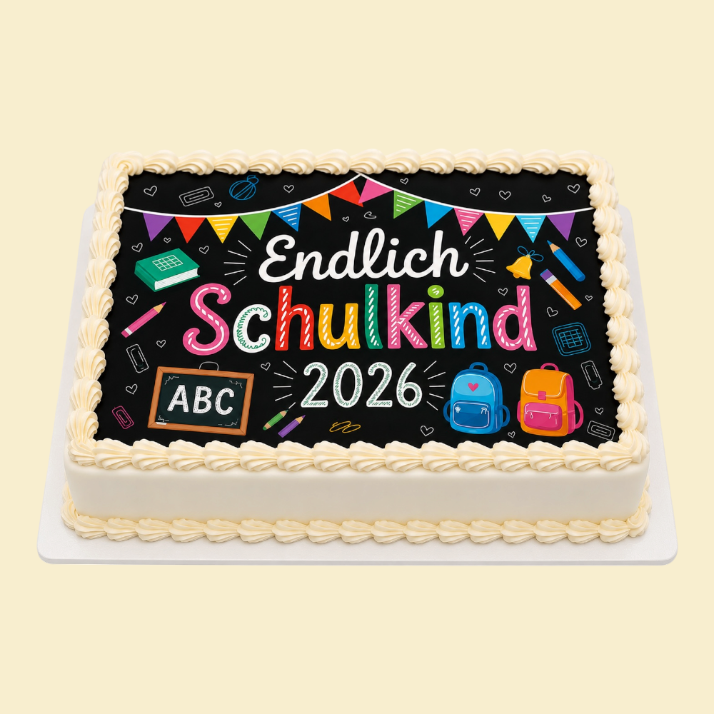 Runde Einschulungstorte mit Buttercreme – „Endlich Schulkind“ mit essbarem Druck (Beige)
