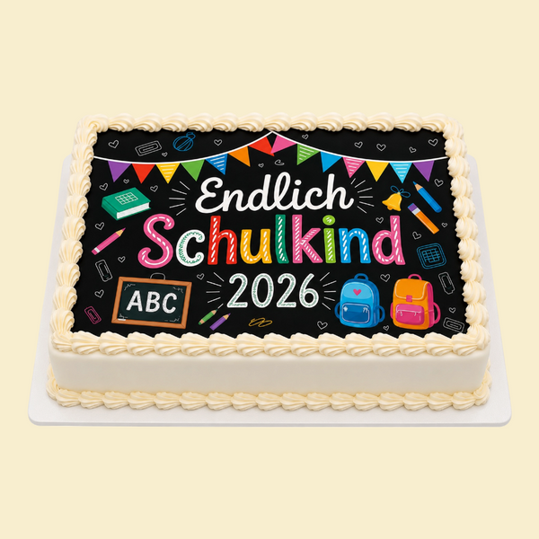 Runde Einschulungstorte mit Buttercreme – „Endlich Schulkind“ mit essbarem Druck (Beige)
