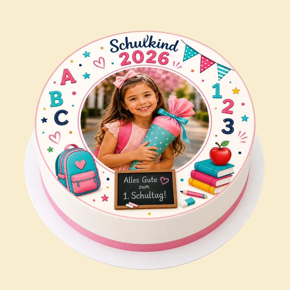 Fototorte „Schulkind“ – Eigenes Foto hochladen & personalisieren (Mädchen)