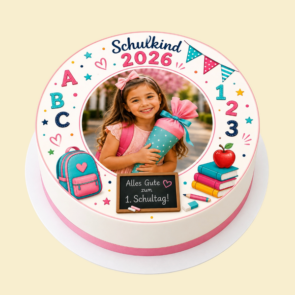 Fototorte „Schulkind“ – Eigenes Foto hochladen & personalisieren (Mädchen)