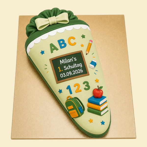 Einschulungstorte Schultüte Grün mit Fondantdruck – personalisierbar