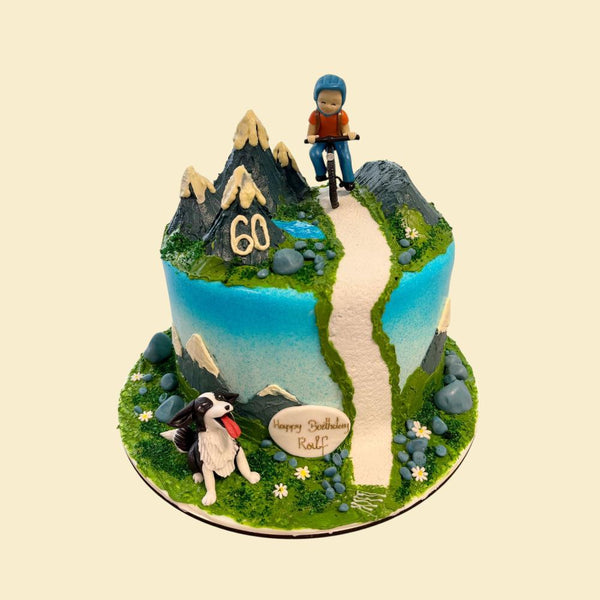 Mountainbike-Torte mit Hund zum 60. Geburtstag