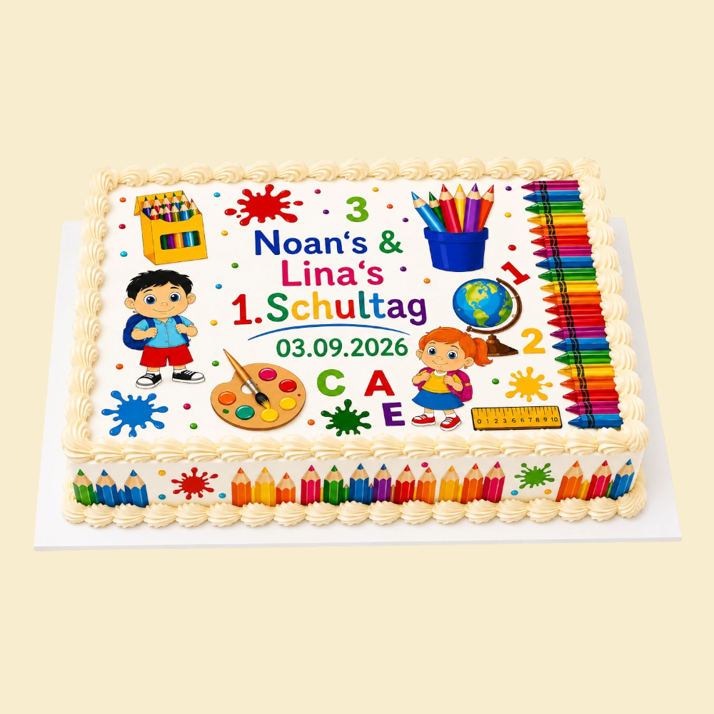 Einschulungstorte Geschwister mit Fondantdruck