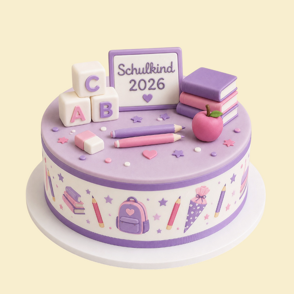 Personalisierte Einschulungstorte mit Fondant-Randdruck & Modellierdeko (Flieder)