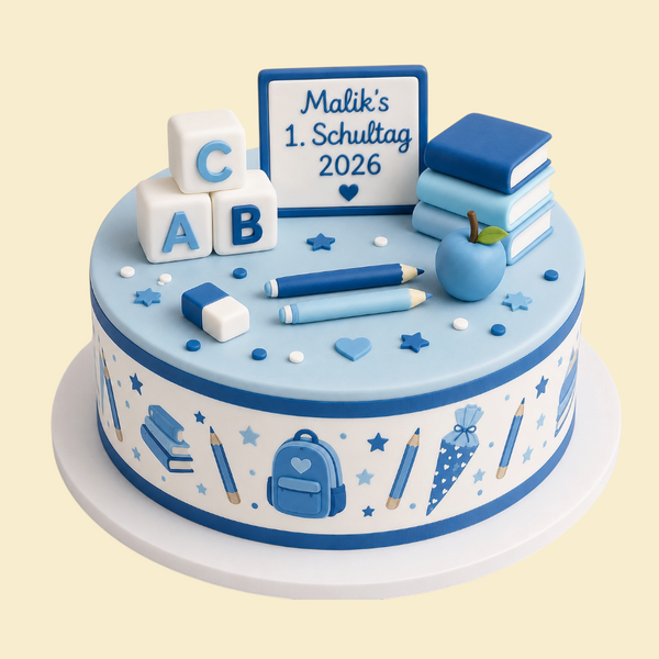 Personalisierte Einschulungstorte mit Fondant-Randdruck & Modellierdeko (Blau)