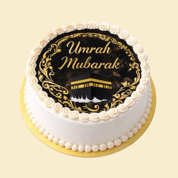 Umrah Mubarak Gold Edition Torte mit Kaaba-Motiv (Fotodruck)