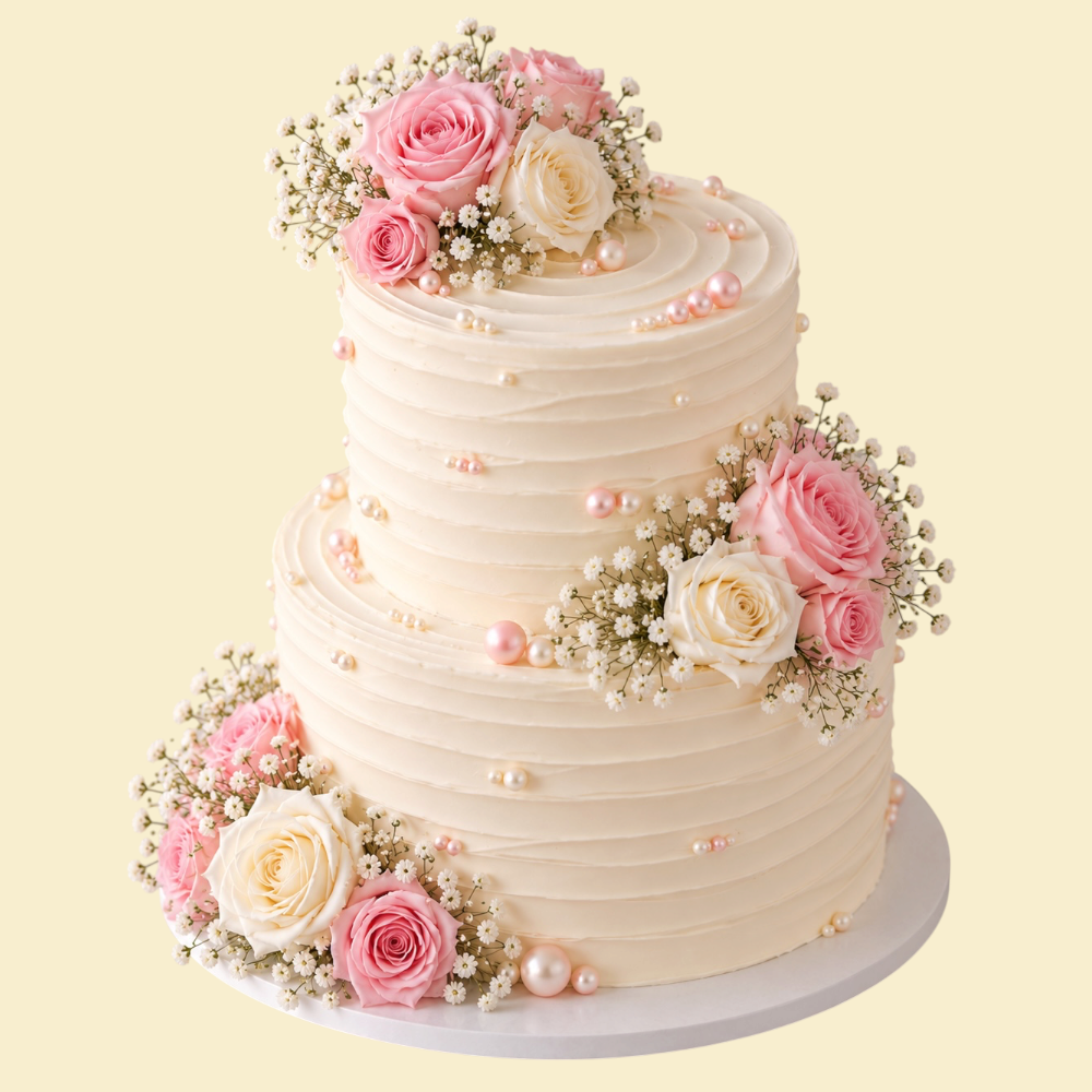 Blush Romance – Buttercreme-Torte mit Rosen & Perlen