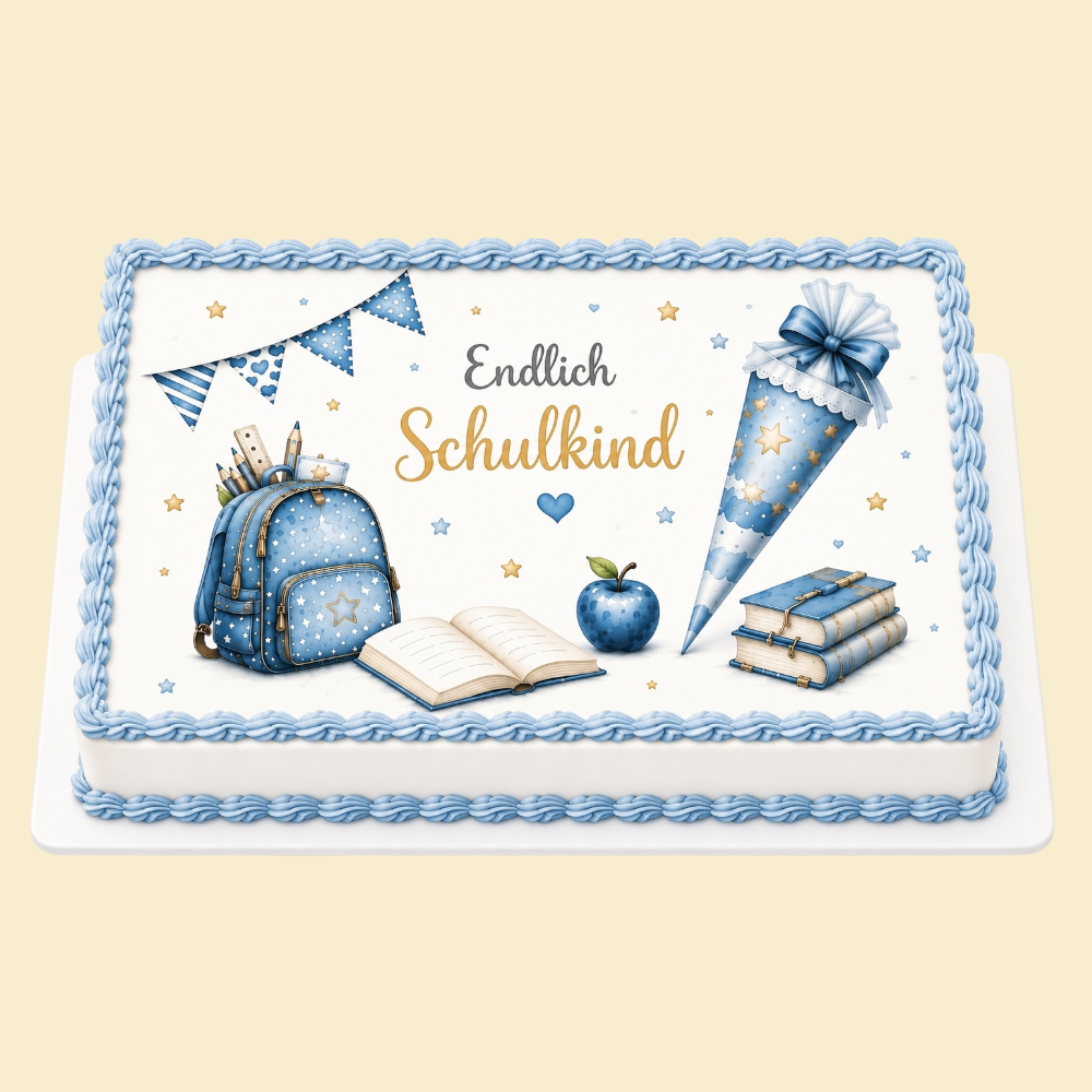 Einschulungstorte „Endlich Schulkind“ –  mit Druckmotiv (Blau)