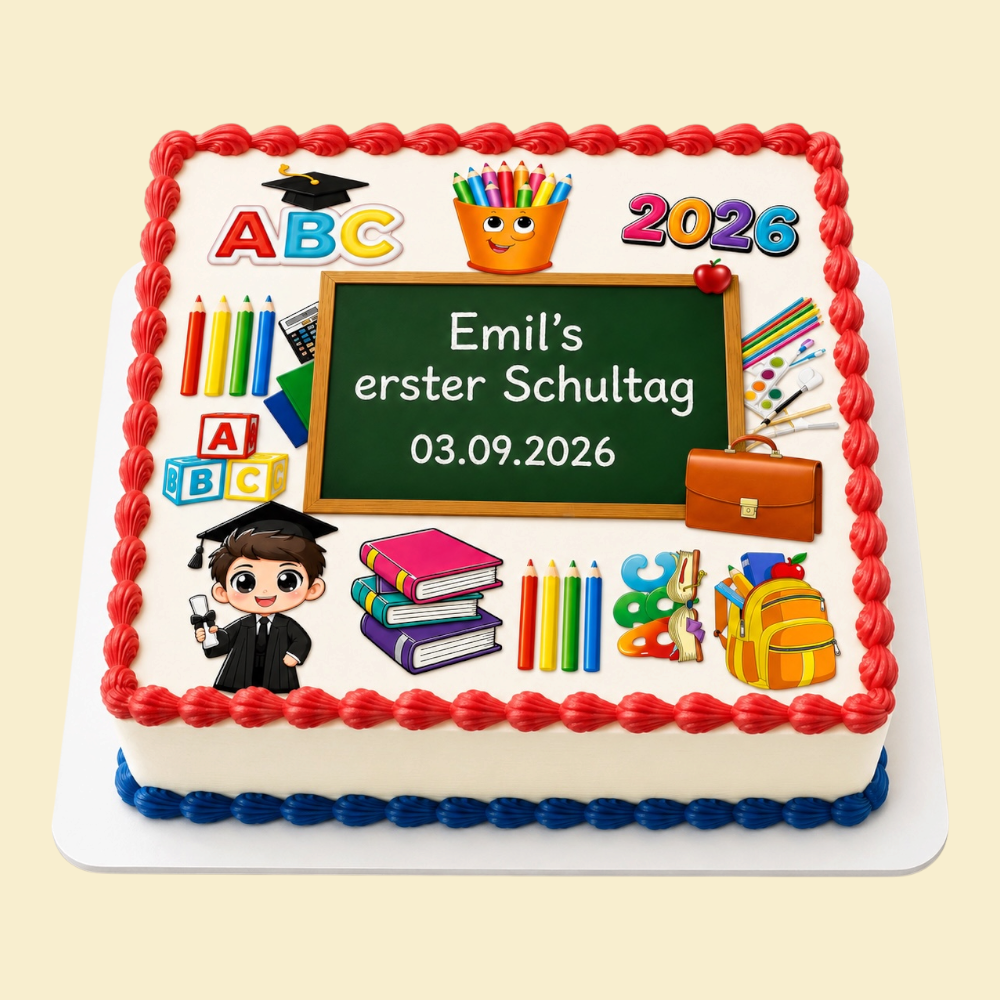 Quadratische Torte zur Einschulung mit Schulmotiven auf Fondantdruck