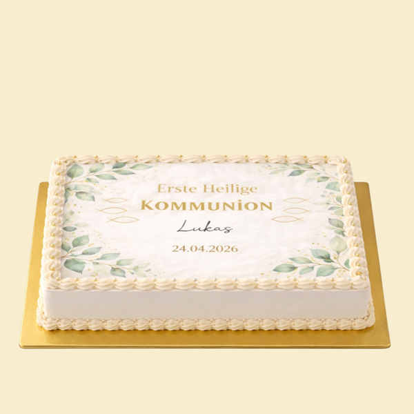 Kommunionstorte Eukalyptus Gold– rechteckige Fototorte zur Erstkommunion