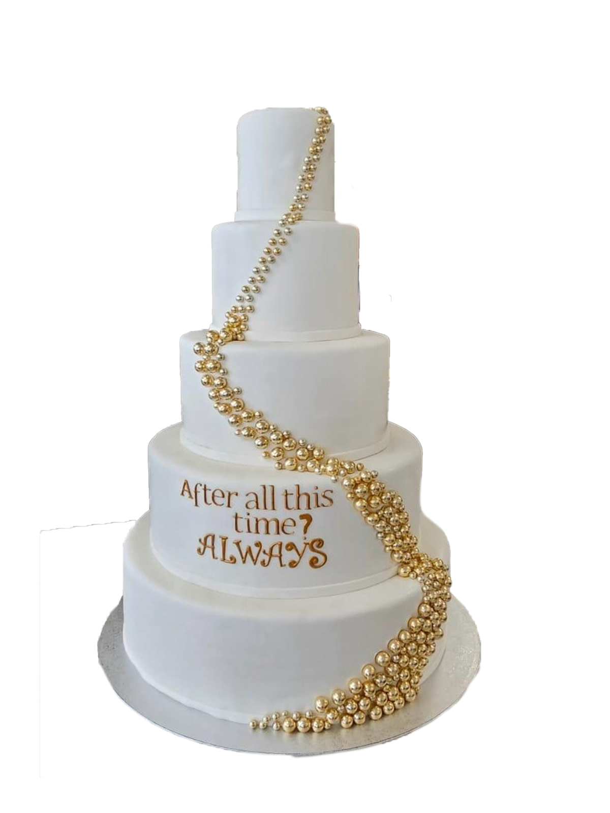 5 Etagen Hochzeitstorte ALWAYS weiss mit Goldperlenranke