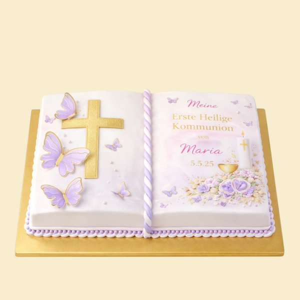 Kommunionstorte Buchoptik mit Goldkreuz & Schmetterlingen in Lila- auf Fondantdruck