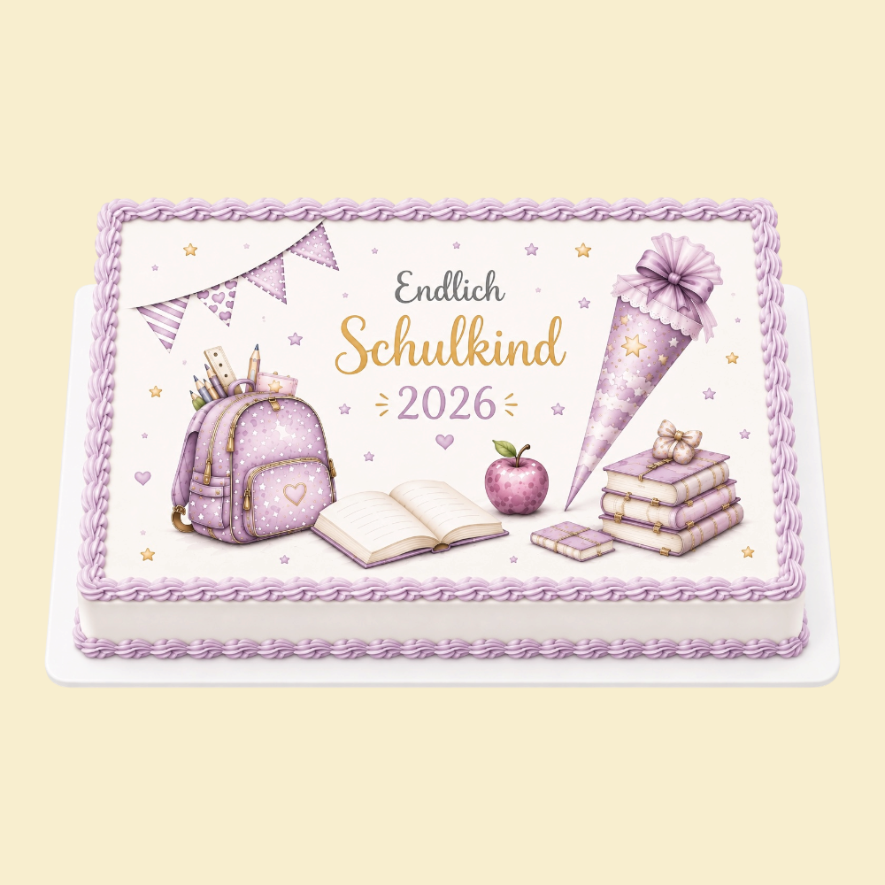 Einschulungstorte „Endlich Schulkind“ -Torte mit Druckmotiv (Lila)