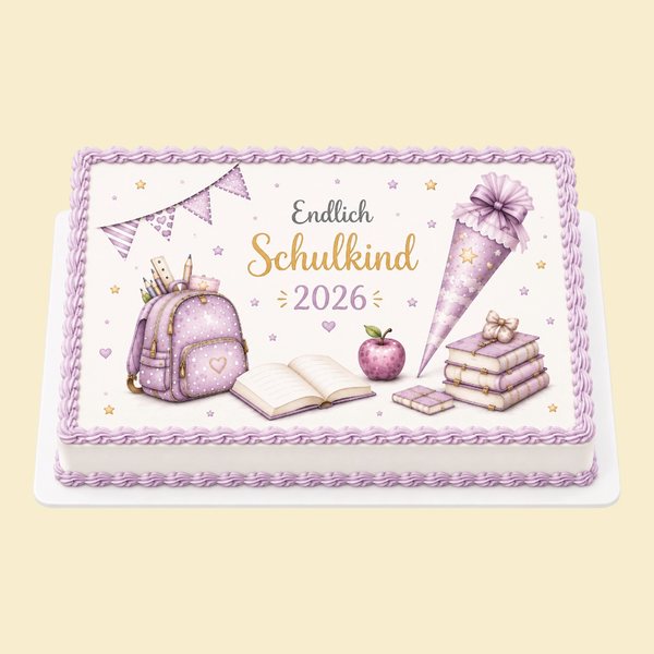Einschulungstorte „Endlich Schulkind“ -Torte mit Druckmotiv (Lila)
