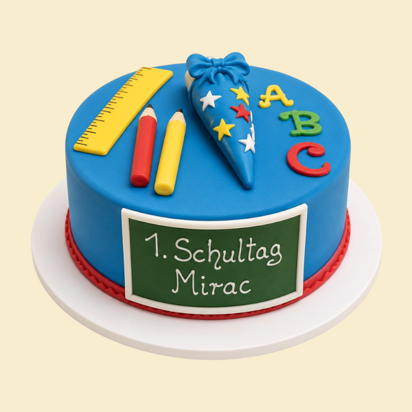 Runde Einschulungstorte – „ABC und Schultüte“ (Blau)