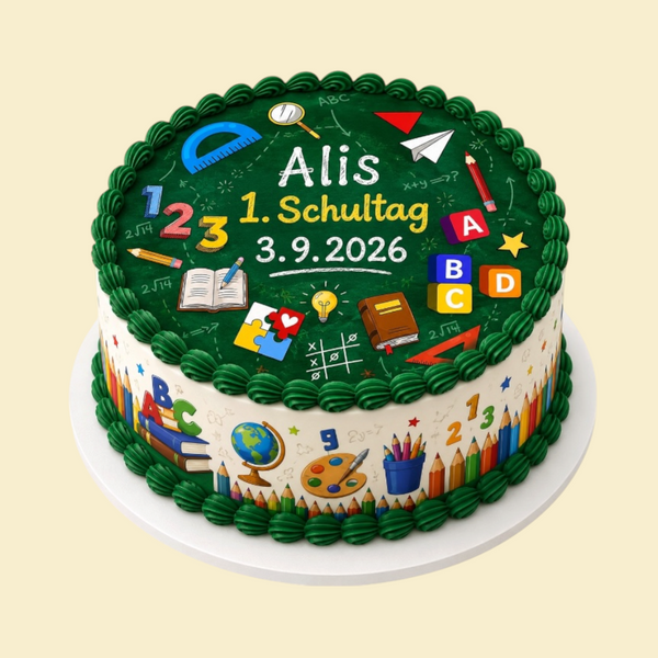 Runde Einschulungstorte – „Schultafel“ mit Fondantdruck