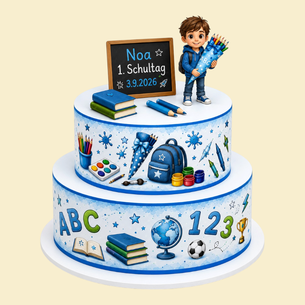 Schulstart Deluxe – Zwei-Etagen-Einschulungstorte mit Druckmotiven (Blau)