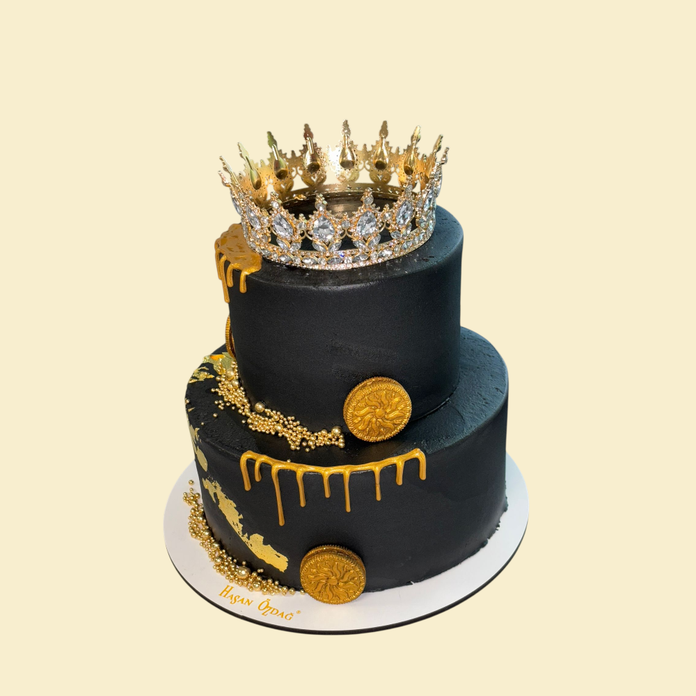 2 Etagen  Schwarze Geburtstagstorte mit Blattgold ,Krone und Gold Drip