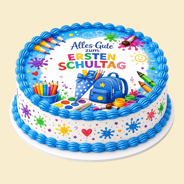 Runde Einschulungstorte Blau mit Fondantdruck