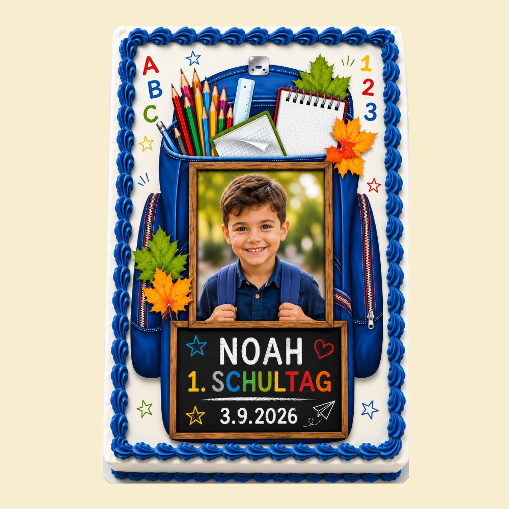 Personalisierte Einschulungstorte „Schulrucksack Blau“ mit Foto