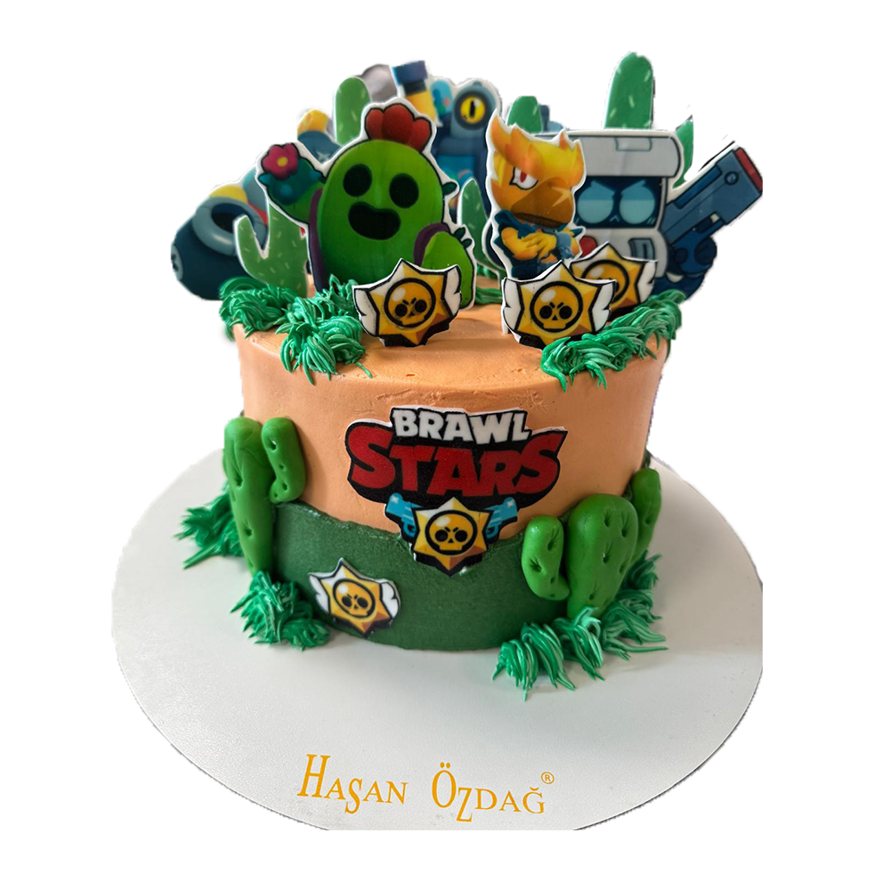 Beige grüne Brawlstars Torte mit Kakteen und Figuren
