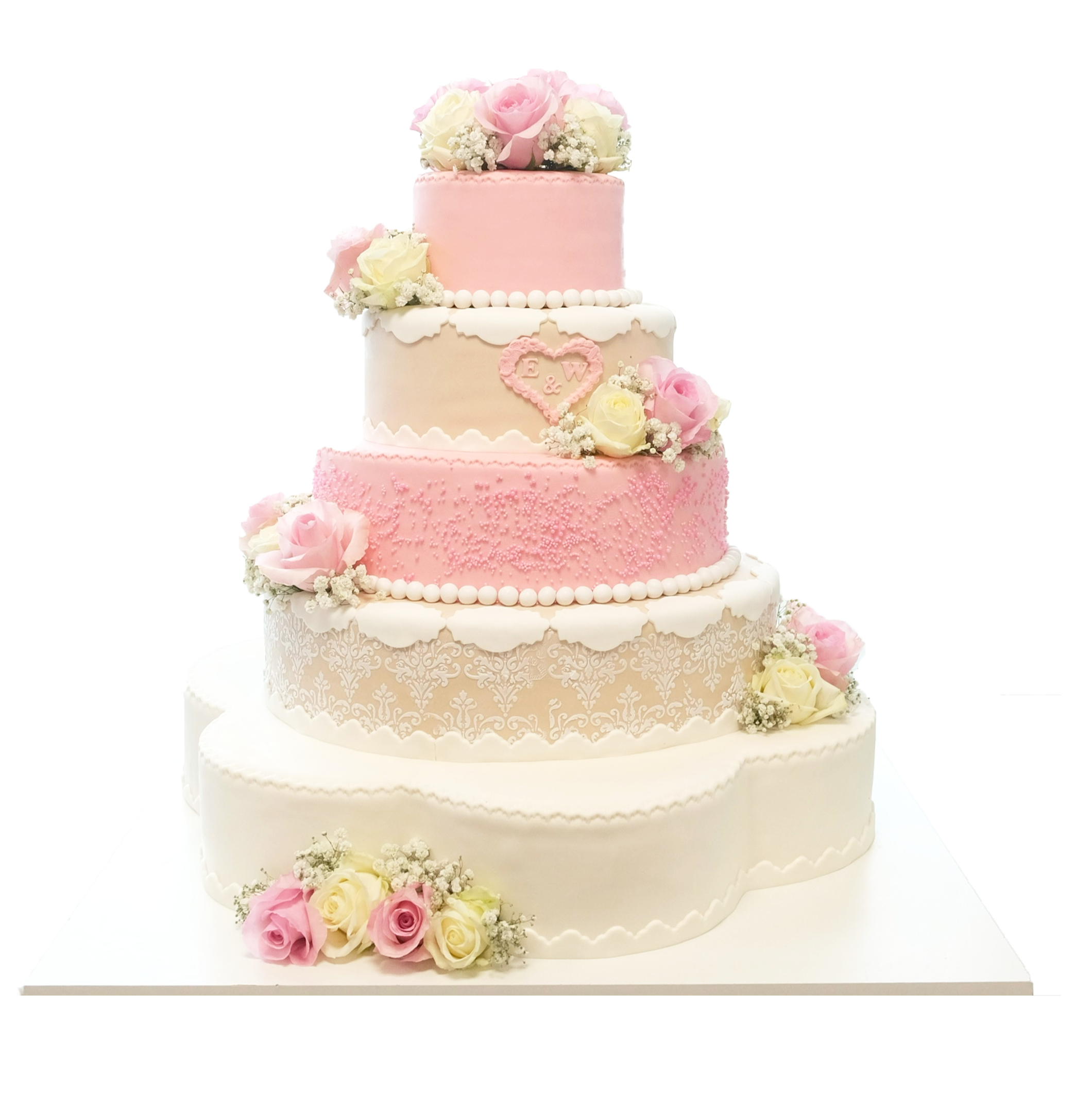 5 Etagen Hochzeitstorte weiss rosa mit Perlen und Rosenbucket und Barockmuster