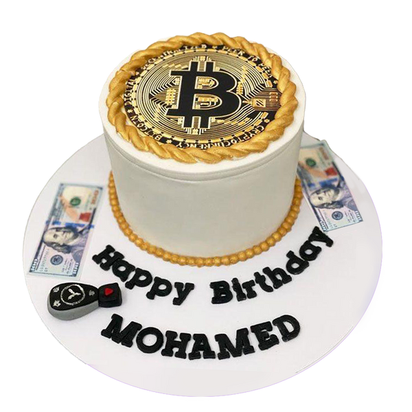 Bitcoin Torte mit Geldscheinen und Autoschlüssel.
