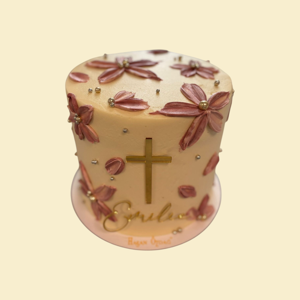 Buttercreme torte zur Kommunion mit Kreuz und Namen aus Plex