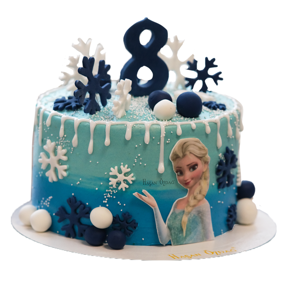 Blauer Elsa-Drip-Cake mit Kugeln und Schneeflocken