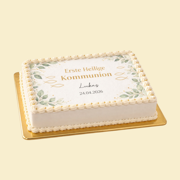 Kommunionstorte Eukalyptus Gold– rechteckige Fototorte zur Erstkommunion