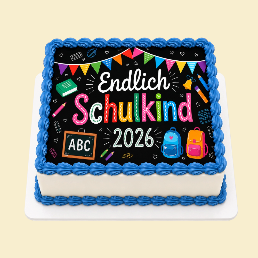 Quadratische Bunte Einschulungstorte „Endlich Schulkind 2026“  mit essbarem Tortenaufleger (Blau)