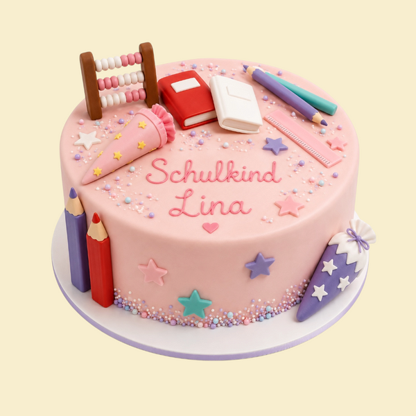 Runde Einschulungstorte – „1. Schultag Rosa – Bunte Buchstaben und Schulmotive“