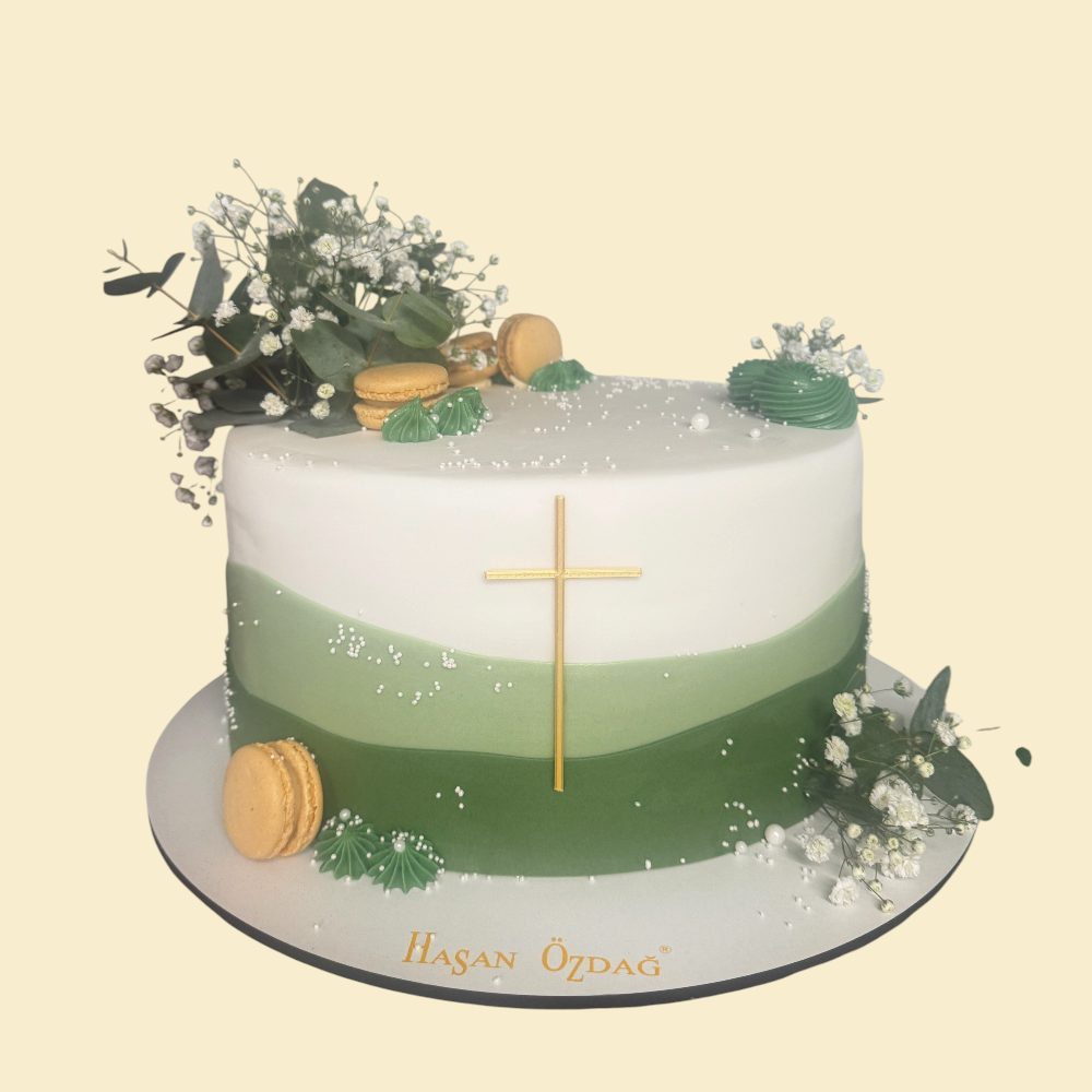 Elegante Kommunionstorte mit Fondant, Goldkreuz & Eukalyptus – in Grüntönen