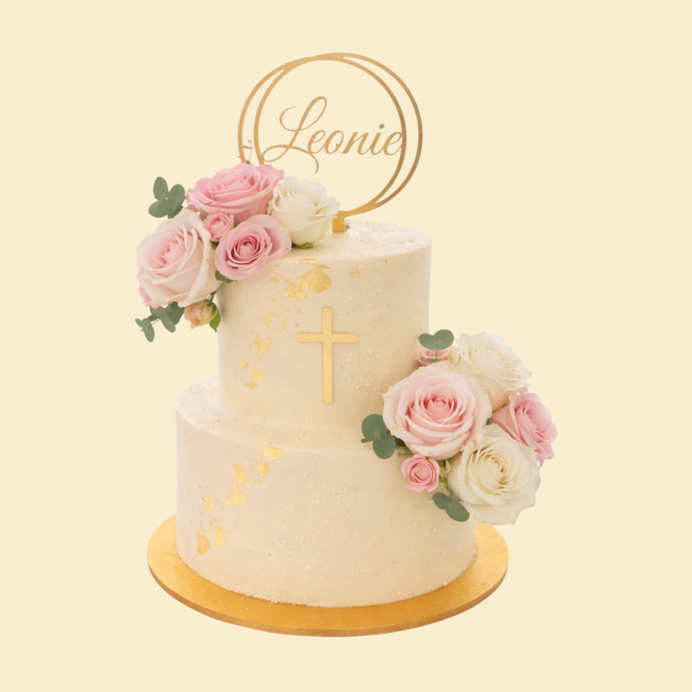 Kommunionstorte „Leonie“ – Elegante Buttercreme-Torte mit frischen Rosen & Goldakzenten