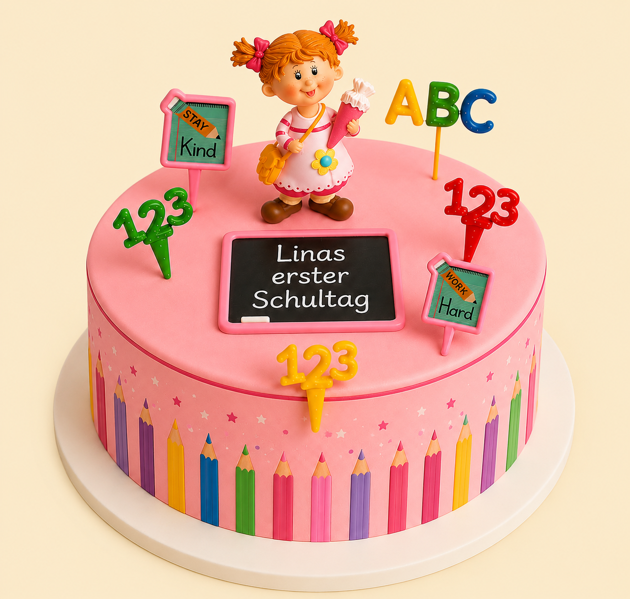 Einschulungstorte Mädchen - Schulmädchen, Zahlen & ABC (Rosa)